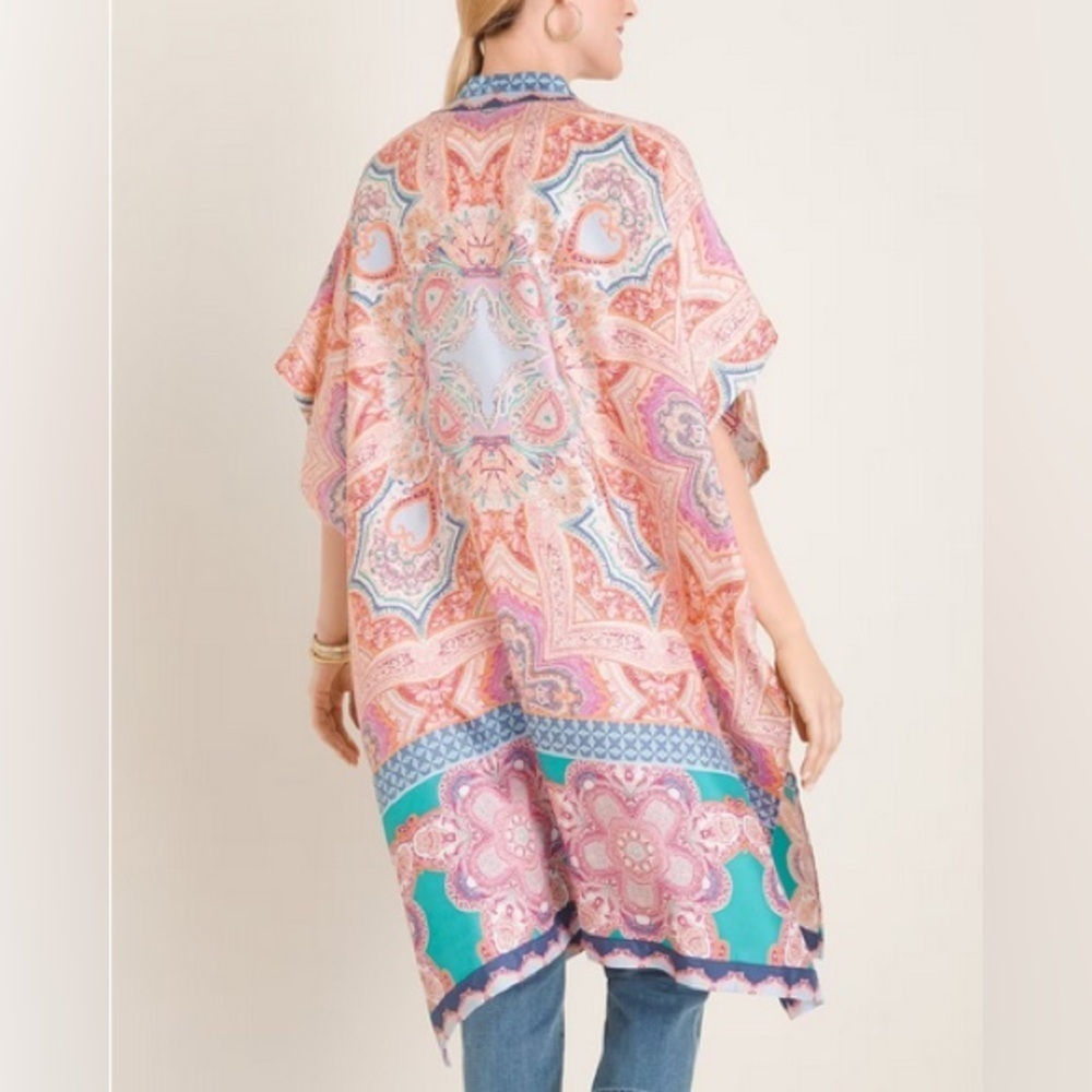 Chico's Medallion-Print Boho 100% Silk Ruana Wrap Beach Cover Up Tassel Tie S/M - Picture 3 of 14